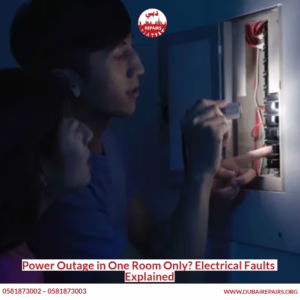 Electrical panel with tripped breaker causing power outage in one room
