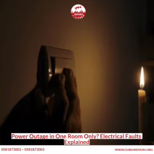 Technician checking electrical outlet for faults in a Dubai apartment