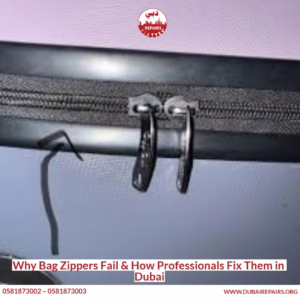 Close-up of a damaged bag zipper before repair in Dubai
