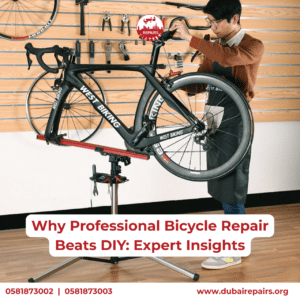 Mechanic performing professional bicycle brake repair in Dubai