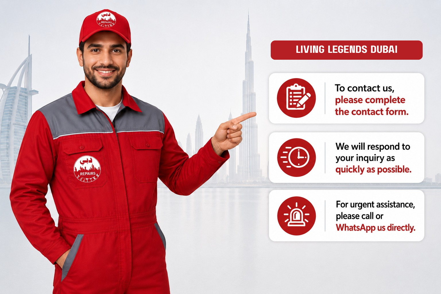 Dubai Repairs technician pointing left to contact form