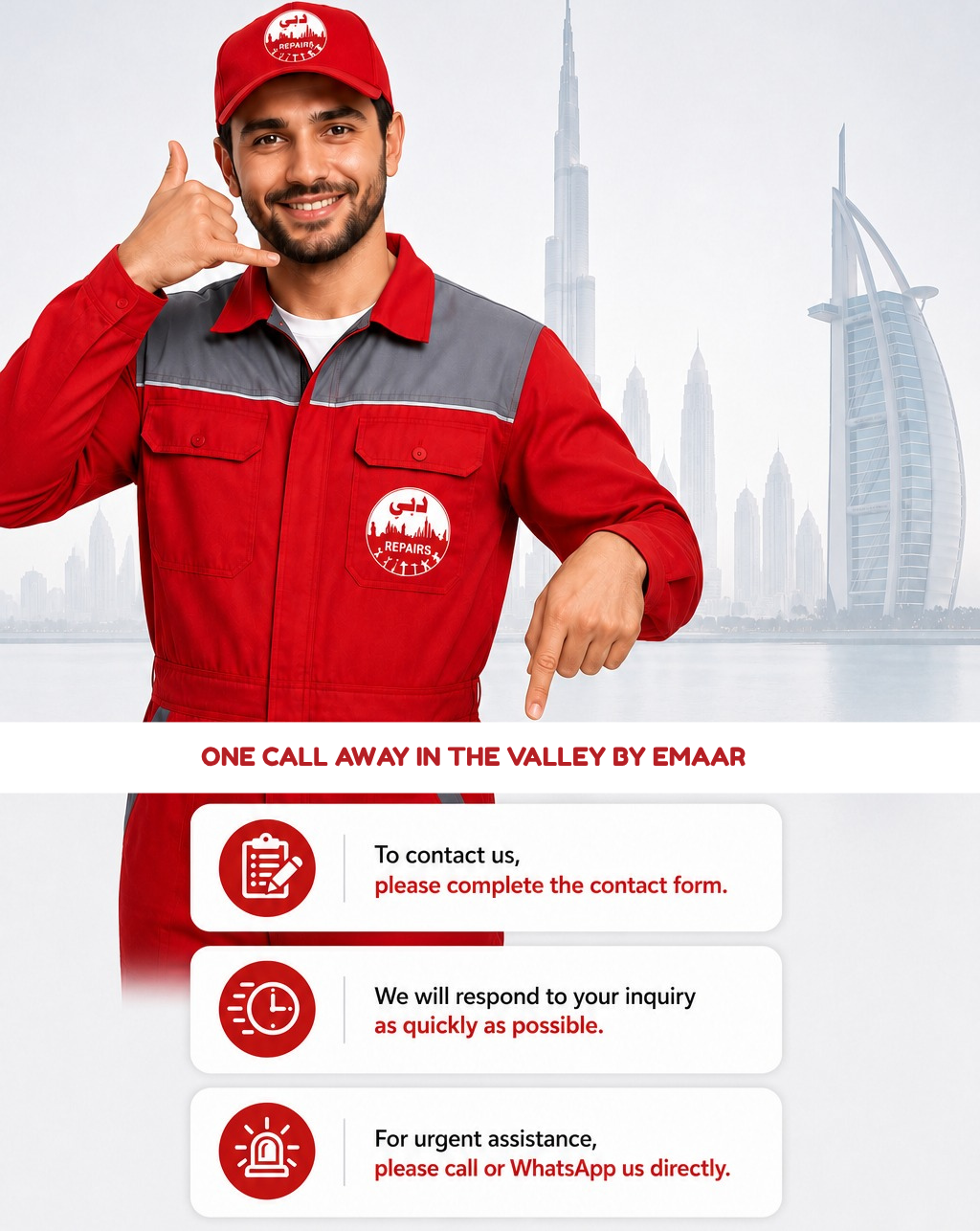 Dubai Repairs technician pointing down to contact form